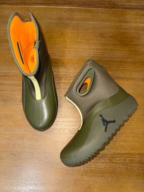 Jordan Kids Olive Green Rain Boots with Bright Orange Lining